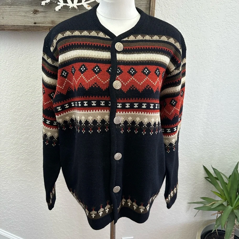 VTG Caldwell Pure Virgin Wool Hand Knit 70’s Patterned Cardigan Sweater FLAW - Picture 1 of 7